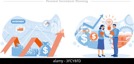 Set di illustrazioni vettoriali per la pianificazione degli investimenti personali con freccia di crescita, borsa di denaro, consulenza finanziaria, strategia di investimento e business. Illustrazione Vettoriale