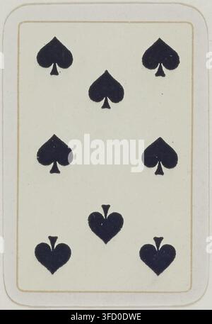 Un'incisione del 1900 di una carta da gioco con sei simboli di picche, relativa al gioco delle Patiences. Foto Stock