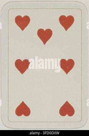 Un'incisione del 1900 di una carta da gioco con sei cuori, disposti in due file da tre, relativa al gioco delle Patiences. Foto Stock