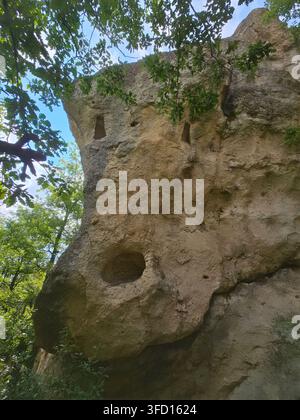 Formazione rocciosa insolita che assomiglia a una testa di ippopotamo vicino a Nochevo, Rodopi orientali, Bulgaria Foto Stock