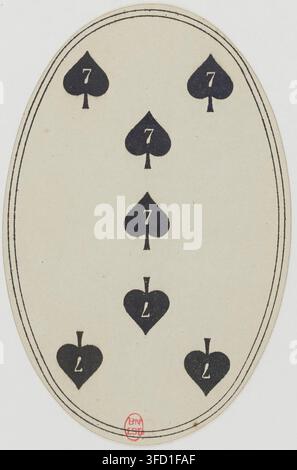 Una carta da gioco sette di picche, con sei simboli di picche in una colonna verticale, da un'incisione stampata del 1900. Foto Stock