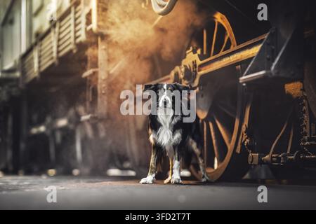 Border Collie in piedi davanti a una locomotiva a vapore Foto Stock