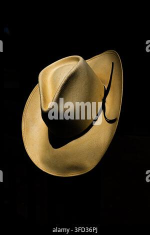 Guarda un cappello di paglia cowboy cowgirl dalla corona, la tesa, la fascia, la forma della testa, le ombre e tutto. La forma è una copertura ombra in tessuto naturale testurizzato ovale rotondo. Foto Stock
