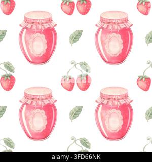 Modello senza cuciture con adorabili barattoli di marmellata, fragole. Illustrazione ad acquerello dipinta a mano isolata sul bianco per tessuti da cucina, prodotto, imballaggio Foto Stock
