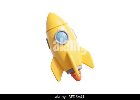 Rendering 3D di un'adorabile razzo giallo con una finestra blu, raffigurato in ascesa con fiamme arancioni che emanano dal suo motore. Foto Stock