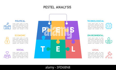Infografica di analisi PESTEL per borsa della spesa colorata con icone economiche aziendali Illustrazione vettoriale Illustrazione Vettoriale