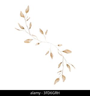 Composizione di rami diagonali dipinti a mano ad acquerello con foglie beige secche, piccoli rametti marrone sottile ocra in una calda tavolozza monocromatica di marrone chiaro e terra di Siena Foto Stock