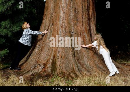 Donna e bambino che abbracciano il tronco di una sequoia gigante giovanile a Ellesmere nello Shropshire. 2026 Foto Stock