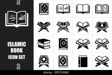 Collezione di icone in silhouette nera del libro sacro islamico e del rehal del Corano progettata per la celebrazione del Ramadan Kareem e i segnali religiosi. Illustrazione Vettoriale