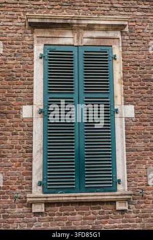 Serrande teal su un muro di mattoni invecchiato Foto Stock