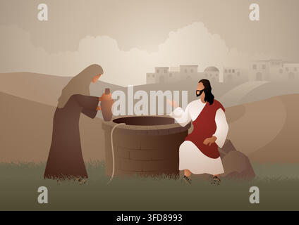 Serie di illustrazioni vettoriali bibliche, Gesù e la donna samaritana al pozzo Illustrazione Vettoriale