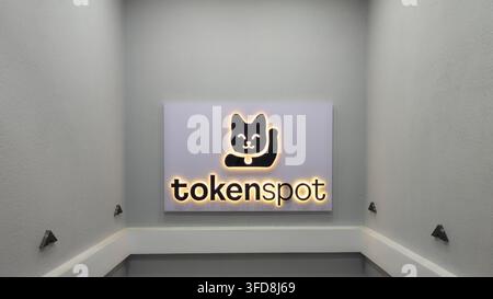 Biscikek, Kirghizistan - 17 febbraio 2025: Un cartello illuminato con la scritta "tokenspot" e un logo di un gatto nero è esposto su un muro grigio. Il design moderno inc Foto Stock