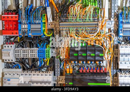 Una vista dettagliata di un pannello di controllo elettrico industriale con una fitta rete di cavi colorati e vari moduli elettronici Foto Stock