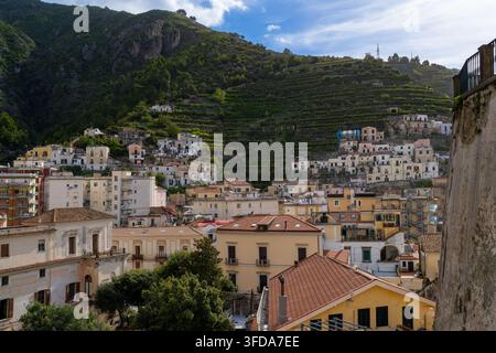 Tetti e Aiuoli a terrazze di limoni a Maiori sulla Costa Amalfitana in Italia Foto Stock