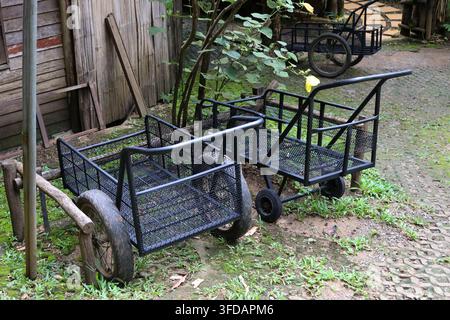 Un carretto a mano con cesto in rete metallica e ruota grande si trova accanto a un capanno di legno rustico in un giardino esterno verdeggiante, creando un pratico trasporto vintage Foto Stock