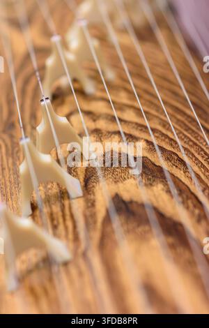 Un'intricata ripresa ben incorniciata che si concentra sulle sottili corde di un guzheng, tenute in posizione da decorati accordatori su uno sfondo caldo Foto Stock