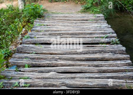 Un ponticello di legno consumato si estende su un ruscello stretto circondato da vegetazione rigogliosa. Foto Stock