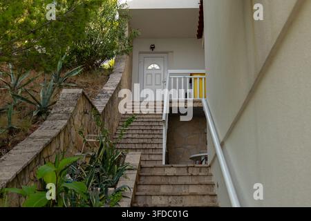 Scalinata in pietra che conduce all'ingresso di una casa moderna con vegetazione da giardino Foto Stock