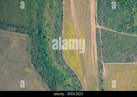 Incrocio di sentieri sterrati rurali e strade di campagna tra campi di terreno fertile e siepi di protezione degli alberi, vista aerea dall'alto Foto Stock