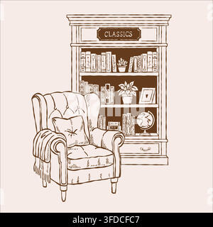 Illustrazione vintage di una scena domestica accogliente con una poltrona e una libreria. Biblioteca di casa. Clipart lineari marroni Illustrazione Vettoriale