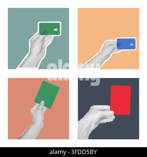 Gesti della mano a mezzotono con carte di credito e bianche Illustrazione Vettoriale