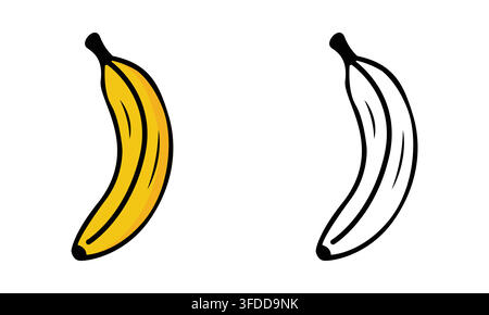 Set di icone di contorno in arte lineare giallo banana fresco e bianco e nero per packaging alimentare, design di loghi e progetti grafici Illustrazione vettoriale Illustrazione Vettoriale