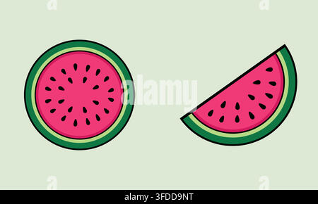 Set di illustrazioni vettoriali di fetta di anguria fresca e sezione rotonda per confezioni di alimenti estivi, design di menu e grafiche tropicali Illustrazione Vettoriale