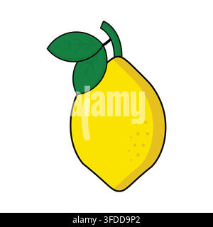 Illustrazione vettoriale di limone giallo fresco con foglie verdi appese a uno stelo, isolate su uno sfondo bianco pulito Illustrazione Vettoriale