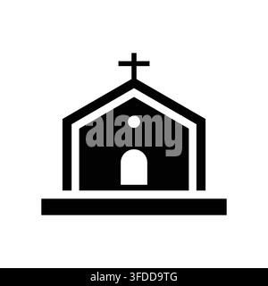 Illustrazione vettoriale di icona di chiesa nera minimalista con un tetto semplice e un simbolo di croce cristiana, isolato su uno sfondo bianco pulito Illustrazione Vettoriale