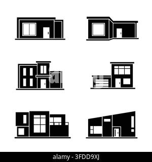 Set di icone a silhouette nera per edifici e architettura moderna con case contemporanee, ville e design immobiliari Illustrazione Vettoriale