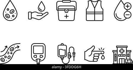 Icone di assistenza medica per la donazione del sangue e il monitoraggio della salute con gocce di sangue, mani e dispositivi. Illustrazione Vettoriale