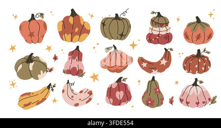 Collezione di zucche e cetrioli d'autunno carini, set di clipart di raccolto autunnale disegnato a mano con motivi floreali, stelle ed elementi accoglienti del Ringraziamento Illustrazione Vettoriale
