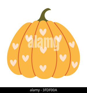 Carino zucca gialla decorata con motivo a cuore vettore isolato su bianco. Ottimo per biglietti di auguri d'autunno, grafica del Ringraziamento e autunno dolce Illustrazione Vettoriale