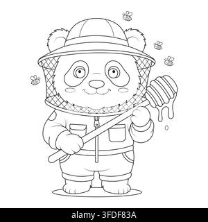 Illustrazione vettoriale a linee carina di un apicoltore panda che tiene un mestolo di miele con api volanti Illustrazione Vettoriale