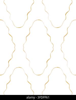 Motivo senza giunzioni dipinto a mano ad acquerello con linee sottili e ondulate che formano archi a conchiglia astratti e forme ovali in toni caldi di ocra dorata e marrone Foto Stock