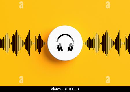 Icona di cuffie su un cerchio bianco che genera onde sonore, rappresentante i concetti di audio, musica e podcasting Foto Stock