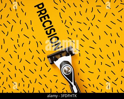Rasatura della barba, depilazione e cura con concetto di precisione. Rasoio portatile che rimuove i peli da uno sfondo giallo. Foto Stock