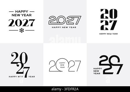 2027 Badge e emblemi tipografici per il branding delle festività, biglietti di festa, calendari, poster e design promozionali. Loghi vettoriali neri Illustrazione Vettoriale