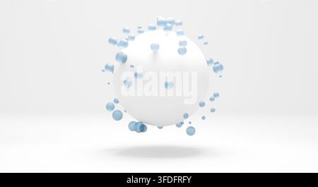 Rendere 3D astratto di una grande sfera bianca circondata da più orbite blu traslucide su uno sfondo grigio chiaro da studio con ombra morbida. Ideale per Foto Stock