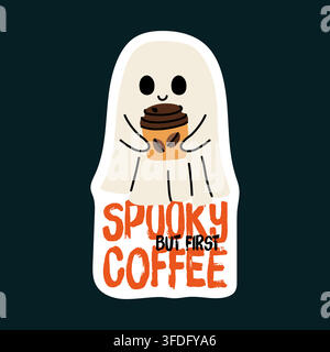 Fantasma carino che tiene una tazza di caffè, adesivo vettoriale doodle per decorazioni di Halloween Illustrazione Vettoriale