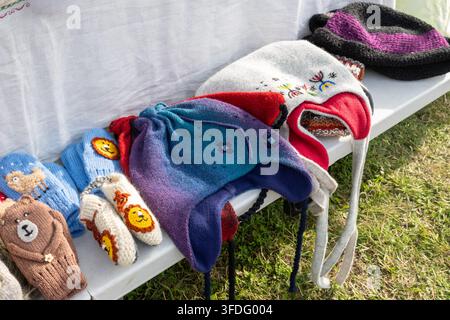 Cappelli di lana fatti a mano colorati e graziosi guanti a maglia a forma di animale esposti su una panchina in un mercato artigianale all'aperto. La collezione include cappelli caldi con paraorecchie, feltro Foto Stock