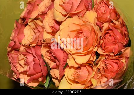 Vista dall'alto di un bouquet fresco di rose pesche e arancioni Foto Stock