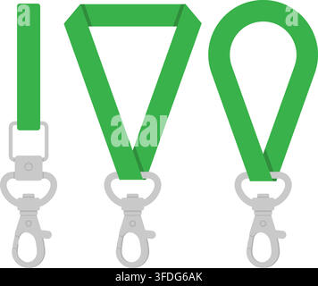 Illustrazione minimale di cordini verdi con clip metallici di diverse forme. Ideali per badge identificativi, chiavi, carte di accesso e per uso aziendale o per eventi Illustrazione Vettoriale