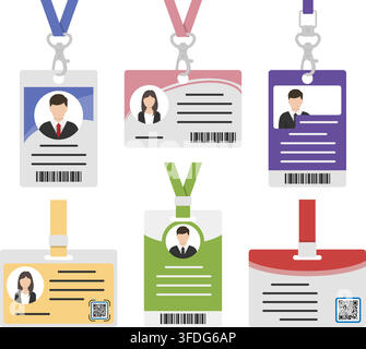 Set di badge aziendali moderni con cordini in stile piatto pulito. Include layout minimali con avatar, codici a barre e codici QR, ideali per il business Illustrazione Vettoriale