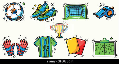 Collezione vettoriale di illustrazioni di scarabocchi a tema calcio disegnate a mano con icone sportive ed elementi di schizzo giocosi. Illustrazione Vettoriale