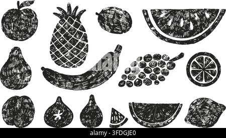 Frutta grunge timbri sporchi. Modelli neri di anguria, fette di arancia, limone, mela, pera e prugna, uva e banana. Set di vettori per design di timbri Illustrazione Vettoriale