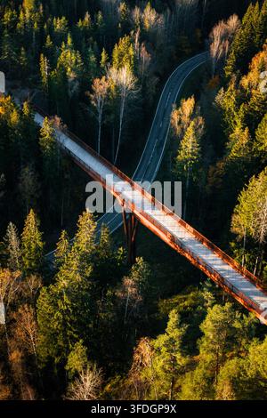 Vista aerea di un ponte per la fauna selvatica che attraversa una strada tortuosa attraverso una fitta foresta con fogliame autunnale a Sipoo, Uusimaa, Finlandia Foto Stock