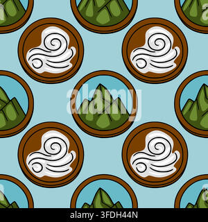 Modello vettoriale senza cuciture con badge rotondi che presentano montagne stilizzate e icone di vento turbinanti Illustrazione Vettoriale