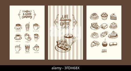 Creative poster o cartoline retrò con bevande al caffè e pasticcini. Decor per cucine, caffè, bar e ristoranti. Modello vettoriale a contorno in marrone Illustrazione Vettoriale