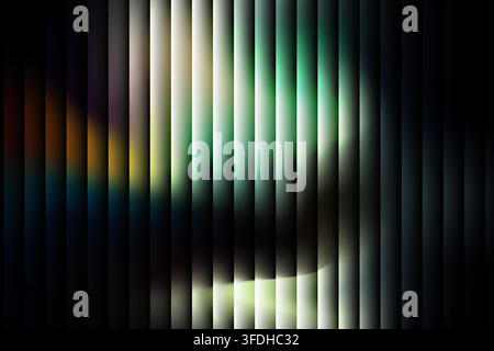 Uno sfondo astratto moderno con strisce verticali e un effetto di luce soffusa e brillante nei toni vivaci del verde, giallo e blu. Illustrazione Vettoriale